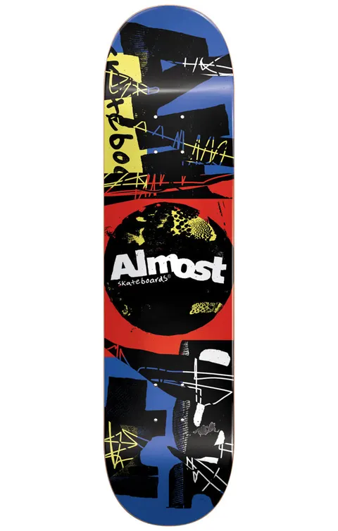 Almost Scum Punk Blue 7.75 skateboard deck: Torn-paper collage of black, blue, red and yellow shapes with scratchy yellow and white scribble marks. A red disc in the middle holds the white Almost Skateboards logo.