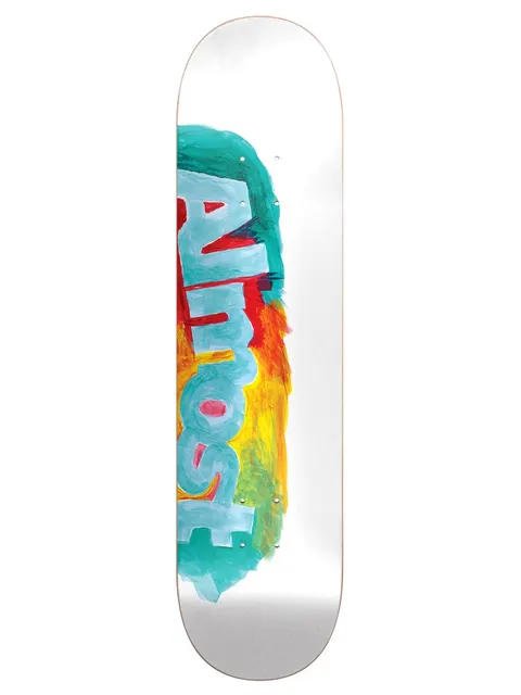 Almost Side Smudge White 8.0 skateboard deck: Painted Almost lettering in pale blue, smeared sideways over a patch of teal, red, orange and yellow brushwork on a plain white deck.