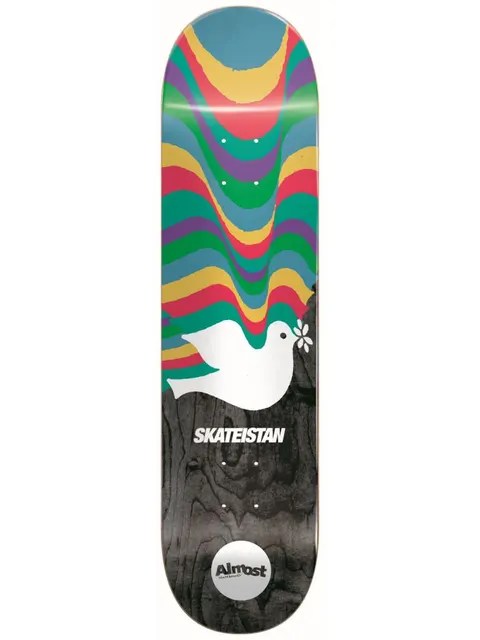 Almost Skateistan Dove R7 skateboard deck: A white dove carrying a flower sits in the middle of the board. Wavy bands of teal, red, yellow, green and purple flow down from the top above a black wood-grain base.
