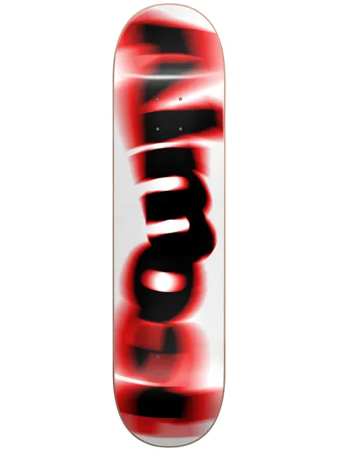 Almost Spin Blur Logo 7.75 skateboard deck: The Almost logo smeared by a spinning motion blur, in black and red streaks across a white deck, running the length of the board.