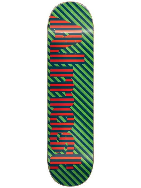Almost Stripes HYB 7.75 & 8.0 skateboard deck: Chunky Almost logo lettering filled with horizontal red and navy stripes, over a diagonally striped green and navy background.