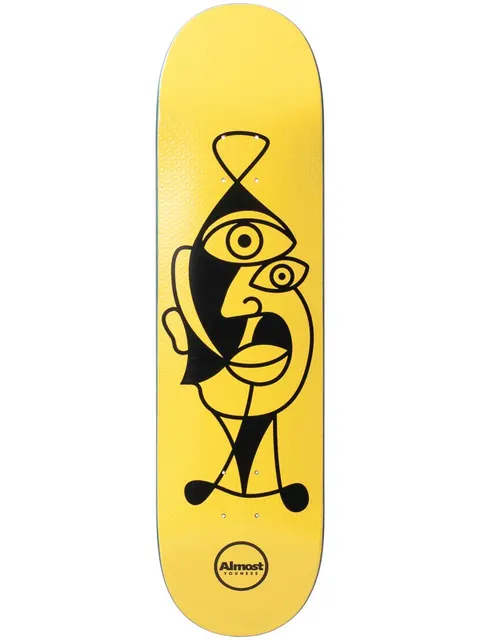 Almost Twisted Youness R7 8.25 skateboard deck: Yellow deck with a black line drawing of a cubist, Picasso-style face with several eyes and angular features. An Almost Youness circular label sits at the tail.
