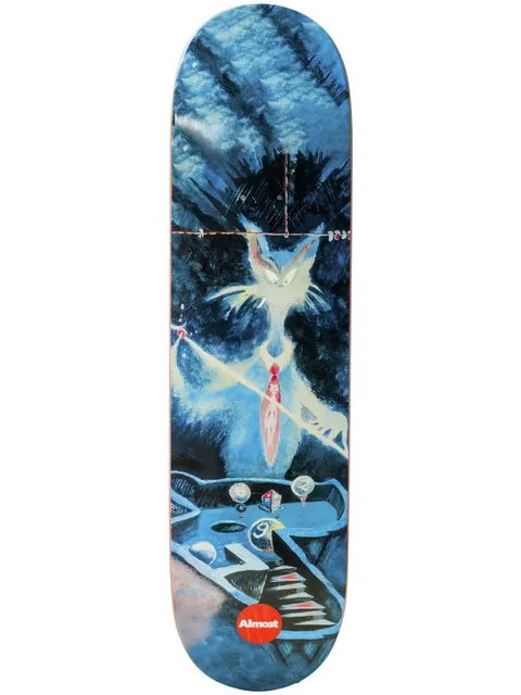 Almost Youness Dr. Seuss Art Series R7 skateboard deck: Painterly blue-toned scene of a tall pale cat-like creature in a red tie holding a long pole, above a stepped platform with a bird and small domed objects. The brand logo sits at the bottom.