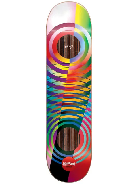 Almost Youness Gradient Cuts Impact 8.375 skateboard deck: Concentric rainbow-gradient rings at nose and tail linked by overlapping curved bands in an optical-illusion pattern, with two wood-grain centre circles. Impact label at the top and a red Almost logo with Youness at the tail.