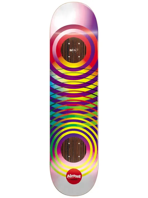 Almost Youness Gradient Rings Impact 8.375 skateboard deck: Concentric rainbow rings around each truck area, overlapping in a spectrum from red through purple, yellow and green, on a pearly white and purple ground with the wood showing in two circles and a red Almost dot logo.