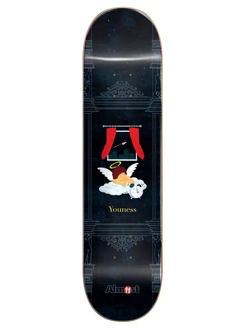 Almost Youness Gronze Collab R7 8.0 skateboard deck: Small winged cherub with a halo asleep on a cloud beside an alarm clock, beneath a window with red curtains showing a night skyline and a plane. Set within a classical ornamental frame on a dark navy ground.