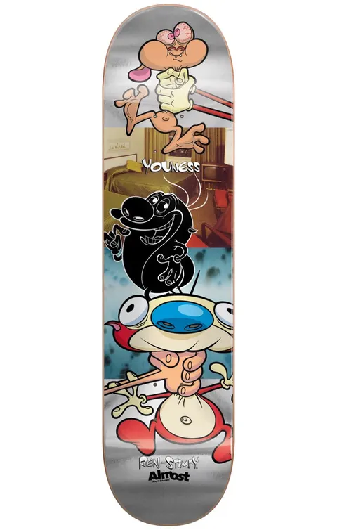 Almost Youness Ren & Stimpy Room Mate R7 8.0 & 8.25 skateboard deck: Cartoon Ren and Stimpy characters stacked in a vertical collage over photographic panels of a hotel room and blue textures, with a silhouetted black Ren in the middle. The rider's name is lettered across the centre on a silver metallic background.
