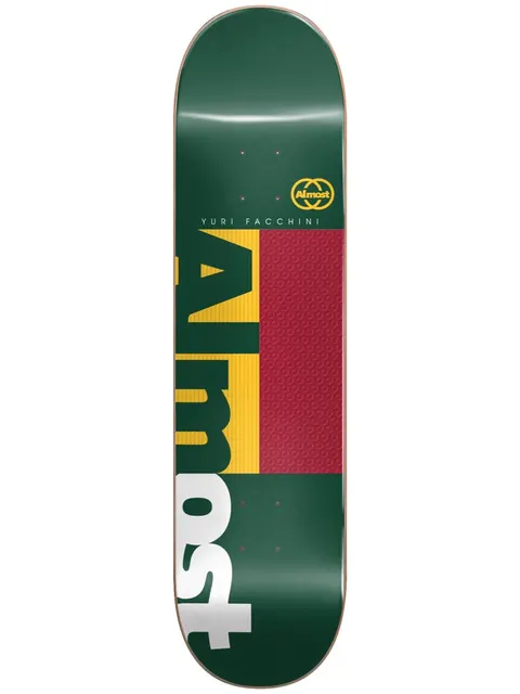 Almost Yuri Ivy League Impact Light 8.375 skateboard deck: Dark green deck with the Almost wordmark split across yellow, white and burgundy colour blocks, the burgundy panel with a subtle textured pattern. A yellow circular logo and the rider name sit near the nose.