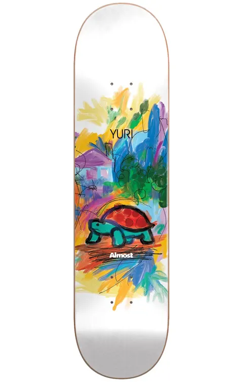 Almost Yuri Mean Pets Paintings Impact Light 8.375 skateboard deck: A loosely painted tortoise with a red shell and teal body walks on a brown ground, in front of a colourful expressive painting of a house and trees, on a white deck.
