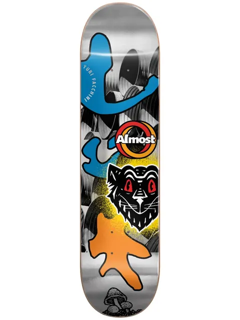 Almost Yuri Silver Lining R7 8.125 & 8.375 skateboard deck: Sticker-collage style graphic on a silver background of stacked vinyl records, with blue and orange blob shapes, an Almost logo sticker, a black cat face with red eyes over a yellow spray burst, and a small mushroom at the base.