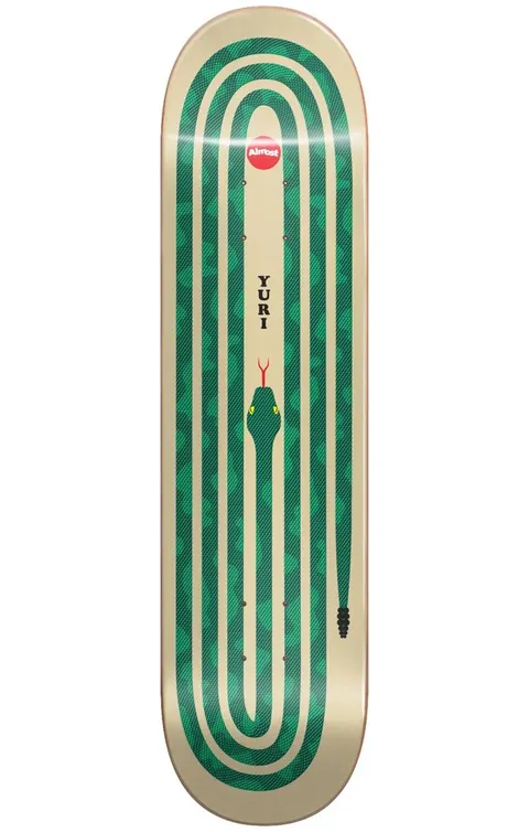 Almost Yuri Snake Pit R7 Green 8.375 skateboard deck: Cream deck with a green snake coiled in concentric lines along its length, head with red tongue near the centre and a rattle at the tail, with the rider name and an Almost logo.