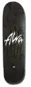 Alva Black Nipples skateboard deck: White brush-style Alva lettering with streaky drips on a black stained pool-shaped deck. Image is small and low resolution.