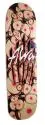 Alva Natural Nipples skateboard deck: White Alva script logo over a dense scatter of round pinkish forms with red centres, overlaid with dark brush-like streaks, on a pale deck. The image is small and blurry.