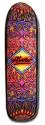 Alva Inca Blanket skateboard deck: Dense psychedelic woven-textile pattern in reds, purples and oranges, with a rainbow-gradient diamond in the middle holding the Alva script logo. The deck is a small old-school shape.