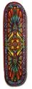 Alva Gothic Geometry skateboard deck: Symmetrical kaleidoscopic pattern of interlocking geometric shapes, spikes and diamonds in orange, teal, yellow and purple, within a purple border. The deck is a narrow shape with a rounded tail.