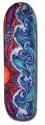 Alva Oceansize skateboard deck: A painterly abstract design of swirling blue, white and teal waves running down the deck against a purple and magenta background, with a red-orange sun at the left edge.