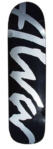 Alva Original Caddy - Black/Silver skateboard deck: Glossy black deck with a large silver brush-script Alva logo running up the board, cropped by the nose and tail.