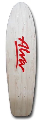 Alva 1977 Maple Re-Issue skateboard deck: Natural maple small cruiser-shaped deck with the red Alva brush-script logo across the middle and no other graphics.