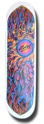 Alva Dark Sun skateboard deck: A circular script logo glows like a sun at the centre of swirling, flame-like tendrils that fill the deck, painted in vivid blues, purples, oranges and reds inside a white border.