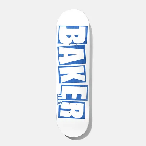 Baker Allen Brand Logo White/Blue 8.0 skateboard deck: Baker logo in large white block letters on blue tiles, stacked vertically across a white deck, with the rider's first name in small text on the lower letters.