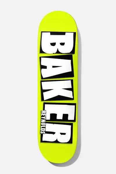 Baker Andrew Reynolds Brand Name Neon Yellow B2 8.38 skateboard deck: Large white Baker lettering with black outline and shadow filling a plain neon yellow deck, with the rider's name in small letters near the R.