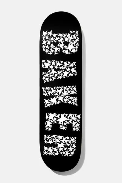 Baker Andrew Reynolds Get Lost 8.25 skateboard deck: Plain black deck with the Baker name set in large stacked block letters, each letter filled with a cluster of small white stars.