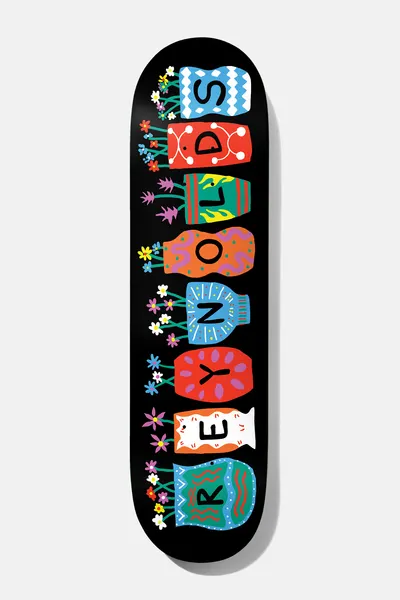 Baker Andrew Reynolds Pots & Flowers 8.5 skateboard deck: Row of colourful decorated vases with flowers, each vase carrying one letter that together spell the rider's surname, in flat folk-art style on black.