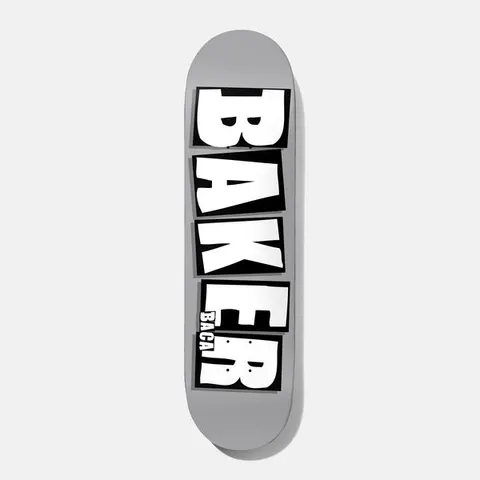 Baker Baca Brand Name Dipped Grey 8.5 skateboard deck: Plain grey deck with the Baker logo in large white block letters on black tiles, with a small Baca signature beside the E.