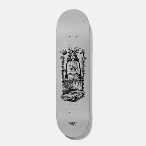 Baker Baca Dreamer 8.5 skateboard deck: Black line drawing of a long-haired woman holding a flame between her hands, framed by chains and roses with gothic lettering, above a graffiti wall and a lowrider car. Printed on a silver-grey deck.