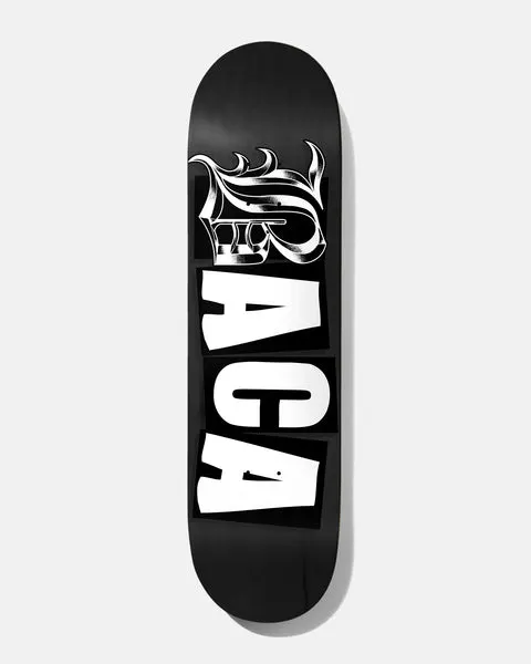 Baker Baca Icon Old E 8.5 skateboard deck: Large stacked white block letters spell the rider's surname on a black deck, with an ornate Old English style B at the top in white and black linework.