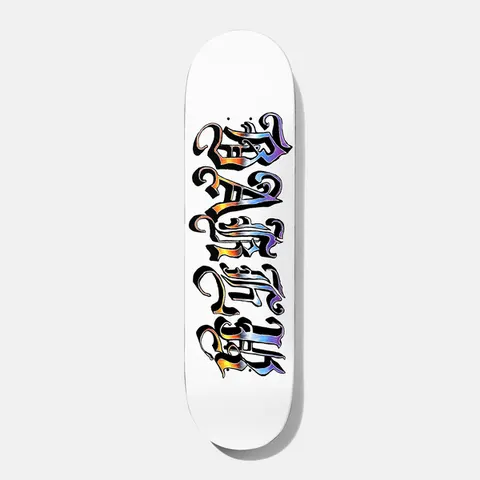Baker Baca Oldee 8.0 skateboard deck: White deck with BAKER in ornate old-English blackletter, filled with a shiny iridescent chrome gradient of orange, blue and purple, running down the board.