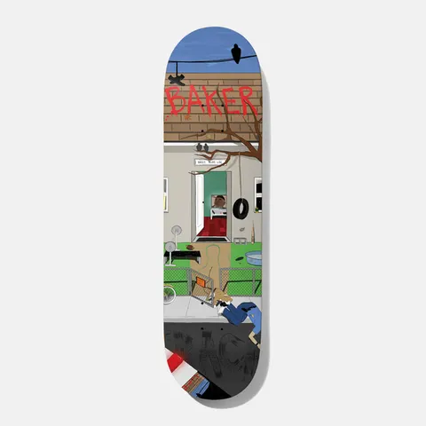 Baker Baca Pigeon View 8.25 skateboard deck: A drawn suburban house scene viewed from above shows a roof with red BAKER graffiti, a bird and trainers on the wire, a tyre swing, a fenced garden and a figure lying on the pavement beside a red-and-white barrier at the tail.
