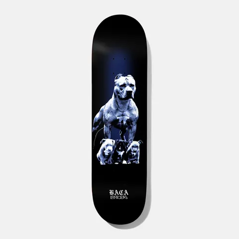 Baker Baca Pups 8.475 skateboard deck: Black deck with a blue-toned photographic image of a muscular pit bull standing over three puppies, with a blue glow behind and the rider name in blackletter script at the bottom.