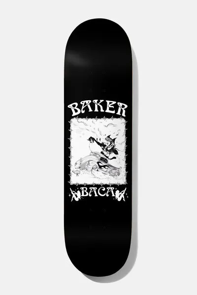 Baker Baca Skate Creep 8.25 skateboard deck: Black deck with a white framed black-and-white illustration of a witch-like figure riding a creature or car amid swirling smoke, with 'BAKER' in curly lettering above and 'BACA' flanked by small winged figures below.