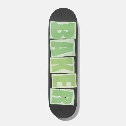 Baker Baca Sketchy Black 8.25 skateboard deck: Baker logo in large hand-drawn, chalk-outlined block letters filled with shades of pale green, stacked down a dark grey deck.