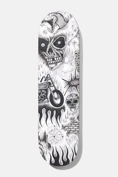 Baker Baca Tryptic 8.0 skateboard deck: Dense black and white pen stipple collage of a large skull, chopper motorcycle, flames, smaller skulls, a spider web, a brick wall and a snake, with no colour.