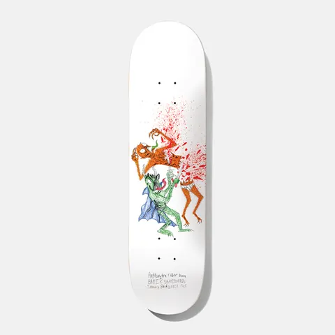 Baker Baca Wizardry 8.0 skateboard deck: A hand-drawn scene on a white deck of a green caped monster stabbing an orange creature, with a spray of red blood splatter. Scrawled handwritten text and the Baker Skateboards name sit below.