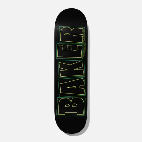 Baker Bake Junt Black Pearl 8.25 skateboard deck: The Baker logo in chunky letters drawn as yellow outlines inside green boxes on a plain black deck, with small curved text beside the top letters.