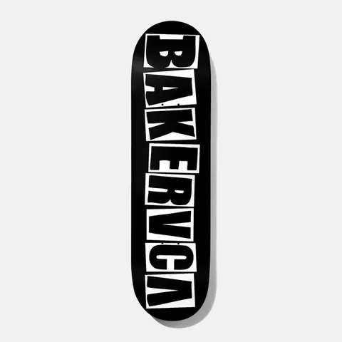 Baker BAKERVCA Black 8.0 skateboard deck: Black deck with the brand name in chunky white boxed capitals stacked down its length, with the last letters reading as a mirrored, inverted VCA style.