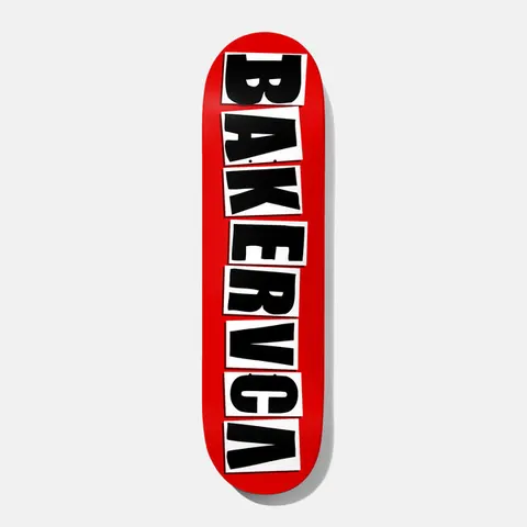 Baker BAKERVCA Red 8.25 skateboard deck: Red deck with the brand name in chunky black boxed capitals on white labels stacked down its length, the final letters reading as a mirrored, inverted VCA style.