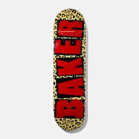 Baker Brand Logo Cheetah 8.5 skateboard deck: Baker logo in large red block letters with black outlines stacked down the deck, set over a yellow and black leopard spot print.