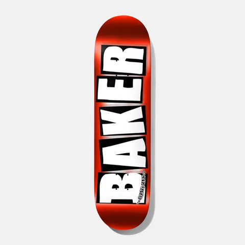 Baker Brand Logo Red Foil skateboard deck: Large white block capitals spelling BAKER in black boxes running down a red foil deck, with a small Skateboard Co. line beside the lower letters.