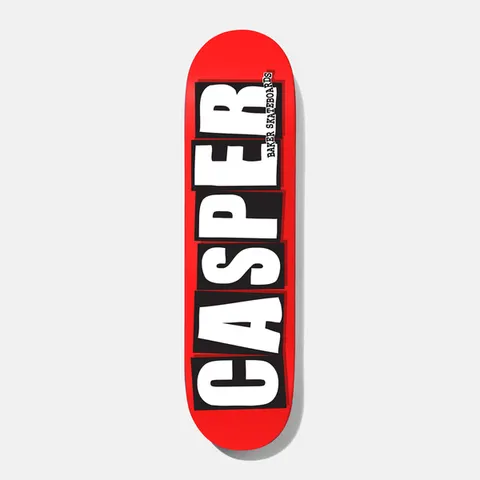 Baker Casper Brand Logo 8.0 skateboard deck: Rider name CASPER in large white capitals, each letter on its own black block, running the length of a red deck. Baker Skateboards in small type beside the top letters.