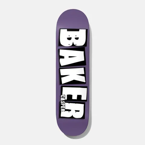 Baker Casper Brand Name Dipped Purple 8.0 skateboard deck: Large white block-letter Baker logo with black outlines and drop shadows stacked down the length of a flat purple deck, with the rider name Casper in small white letters over the final R.