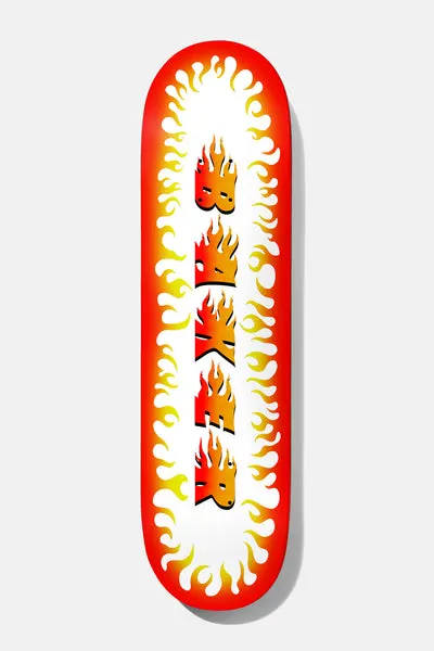 Baker Casper Brooker Flama Blanca 8.25 skateboard deck: White deck with a red border fading to yellow flame licks around the edge, and the Baker name stacked vertically in black letters filled with orange and yellow flames.
