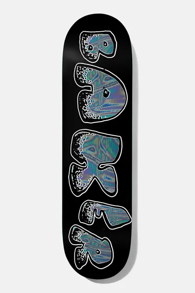Baker Casper Brooker Oil Slick 8.5 skateboard deck: Black deck with the Baker name in bubbly outlined letters stacked down the board, filled with an iridescent oil-slick sheen and speckled edges.