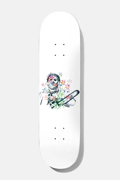 Baker Casper Brooker Texas Flowers 8.5 skateboard deck: Black ink sketch of a masked man in a tie holding a chainsaw, scattered with colourful flowers, on a plain white deck with a small Baker signature.