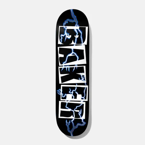 Baker Casper Electric 8.25 skateboard deck: Baker logo in white block letters with black cut-out lettering, cracked through by blue lightning bolts, on a black deck.