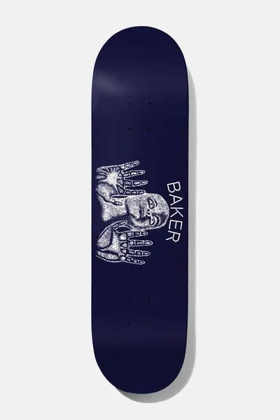 Baker Casper Hands That Show B2 8.5 skateboard deck: Stippled white drawing of a bald face between two open hands, one with an eye in its palm, on a dark navy deck. Baker in white capitals beside the face.