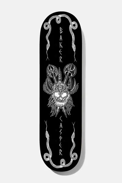 Baker Casper Brooker Ruins 8.25 skateboard deck: Black deck with a white line-drawn horned skull, crossed axes and a wild beard in the centre. Rune-style BAKER and CASPER lettering runs down the sides, framed by coiled snakes at each end.
